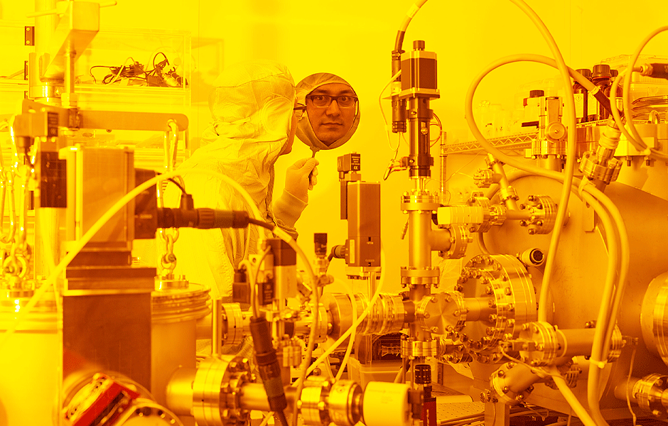 Researcher inside the x-ray interference lithography (XIL-II) beamline at the Swiss Light Source.