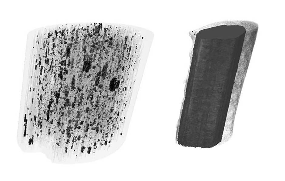 X-ray tomography mapping of the nano-morphology of 10 micrometre diameter carbon fibres.
