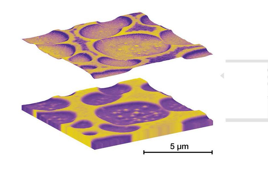 Thickness and composition variations in a 10x10 micrometre area of a 150 nanometre thick film of semiconducting polymers.