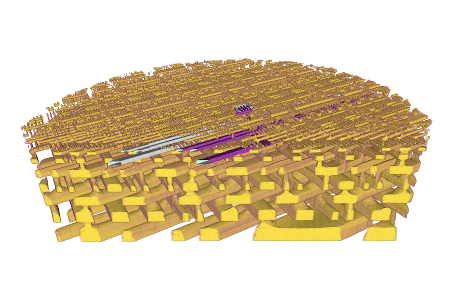 3D mass density imaging section through nano-porous glass with three distinct grey levels for air (black), glass (grey), and a thin layer of Ta2O5 (white) coating the pores.