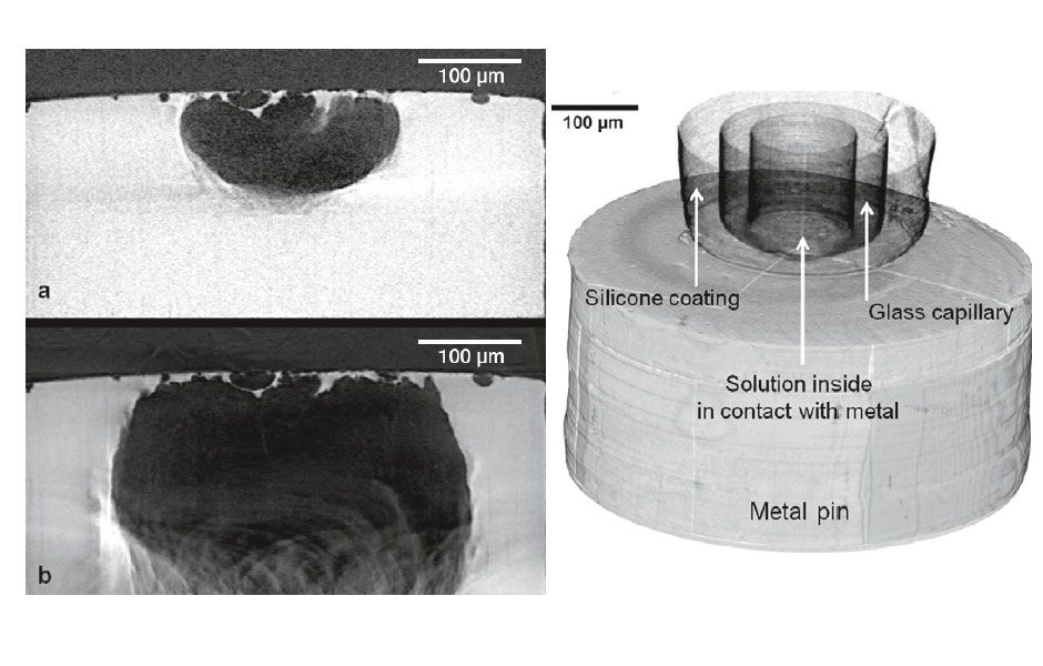 3D reconstructed view of an electrochemical capillary cell on top of a stainless steel pin, with cross-sections of a corrosion pit grown in 1 M NaCl at 50 µA for (a) 1 minute and (b) 6 minutes.